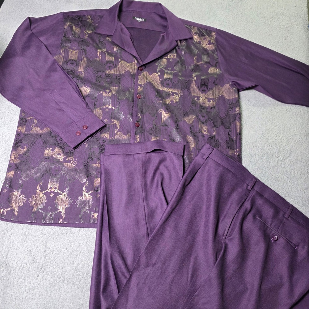 Pronti Mens 3XL Walking Suit Purple Gold Baroque Damask 2pc Shirt Pants 44x34
